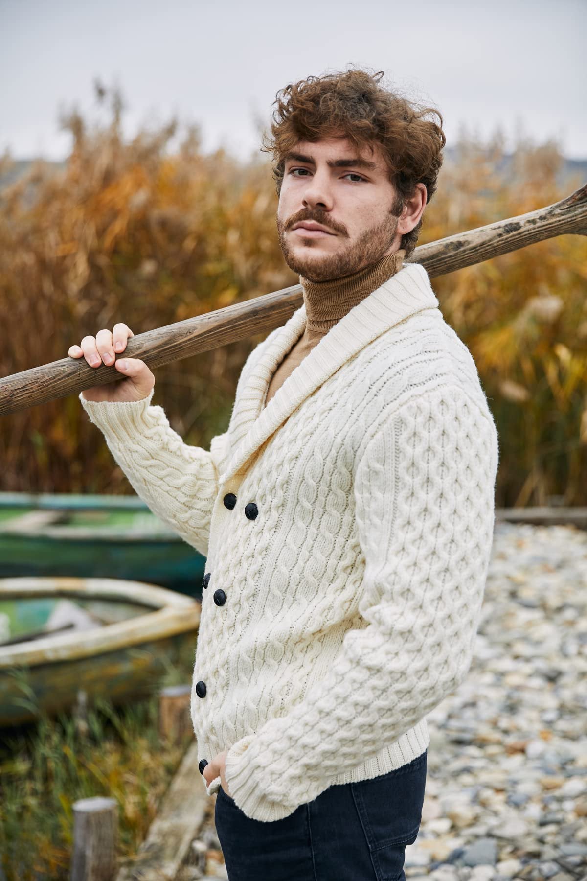 SAOL 100% Merino Wool Double Breasted Shawl Cardigan with Buttons for Men's (US, Alpha, Large, Regular, Regular, Natural)
