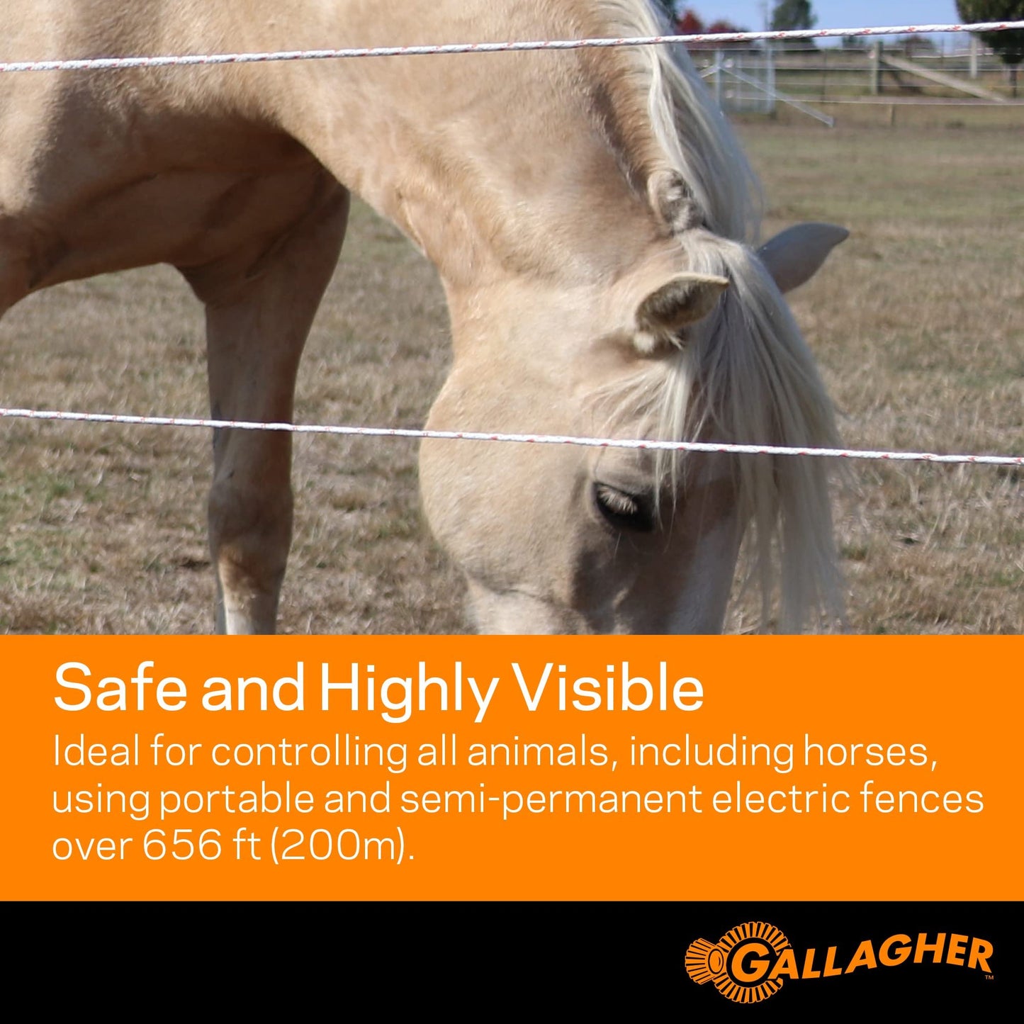 Gallagher Electric Fence Turbo Equine Braid | Heavy Duty Horse Fencing | 656 Foot | Superior Conductivity | Extreme Power | for Portable or Semi Permanent Fences | UV, Rust Resistant | 3/16" Diameter