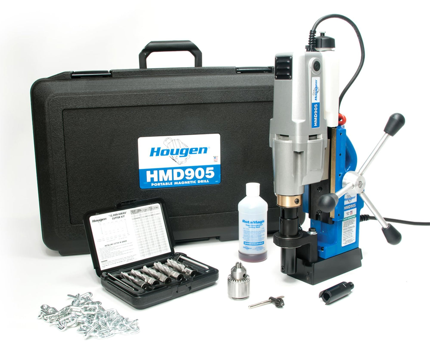 Hougen HMD905 115-Volt Magnetic Drill with Coolant Bottle Plus 1/2" Drill Chuck, Adapter and 12002 Rotabroach Cutter Kit