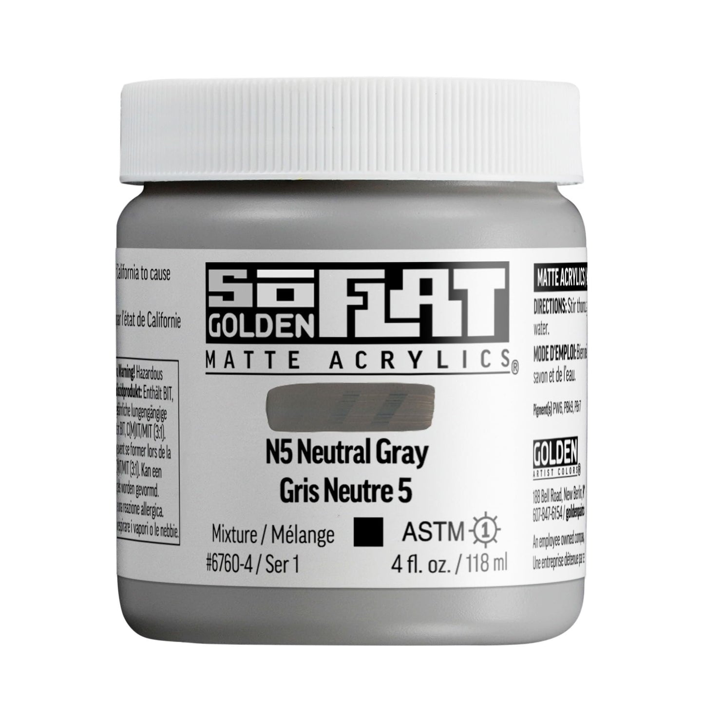 SoFlat Matte Acrylics by GOLDEN, N5 Neutral Gray, 4 fl. oz. Jar, Professional Acrylic Paint, Opaque