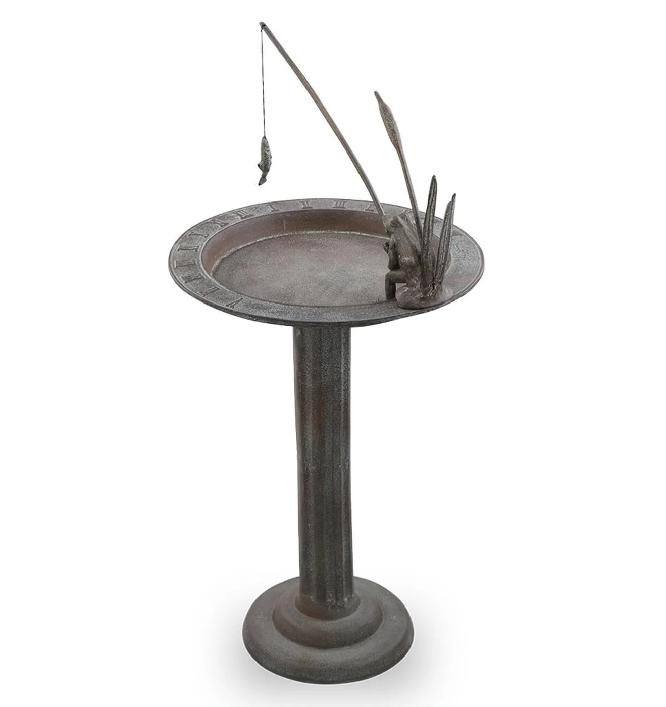SPI Home Fishing Frog Cast Aluminum SundialBirdbath 31 Inches Tall, bronze