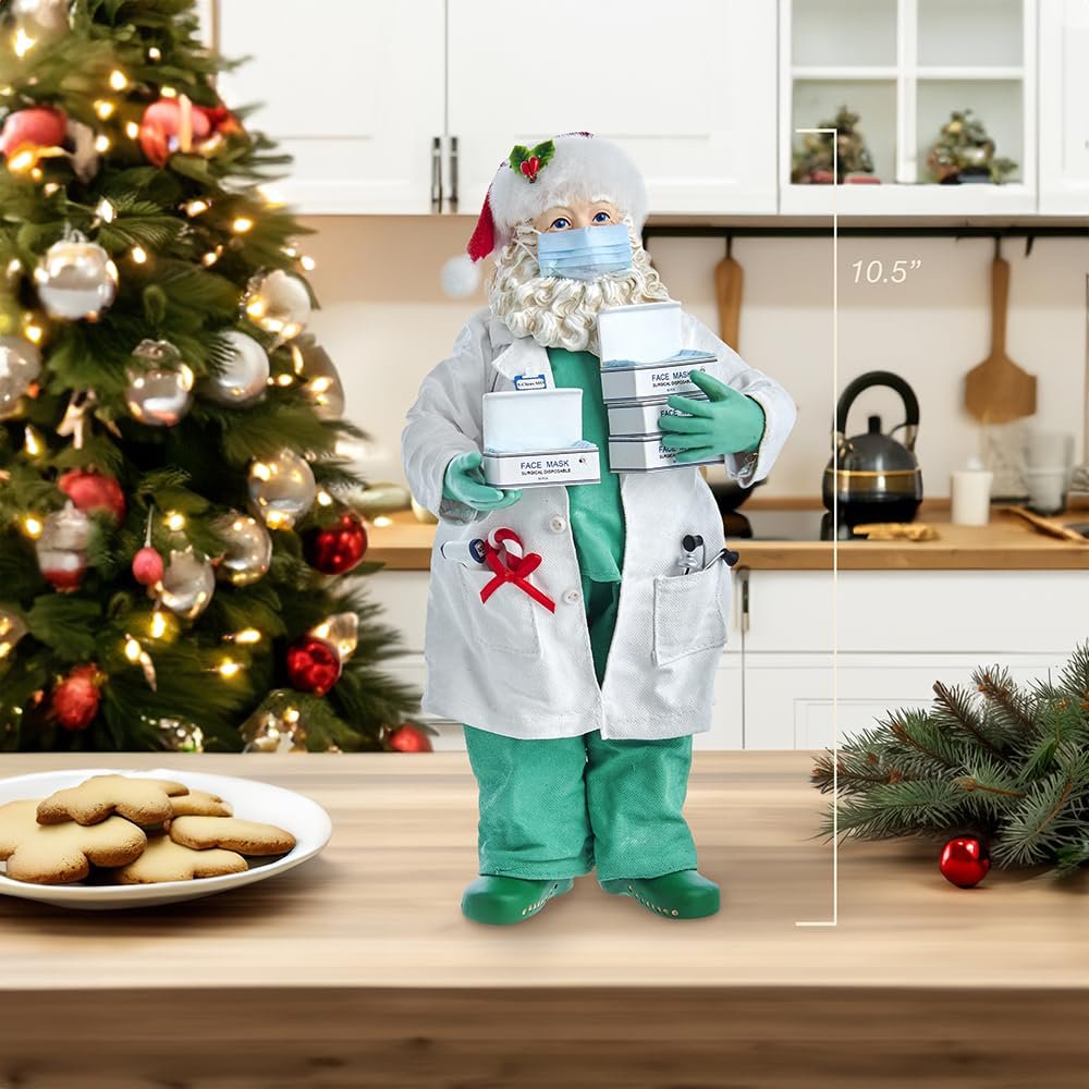 Kurt Adler 10.5-Inch Fabriche Santa Doctor in Scrubs Holding Boxes Of Masks, Multi-color, (FA0144)