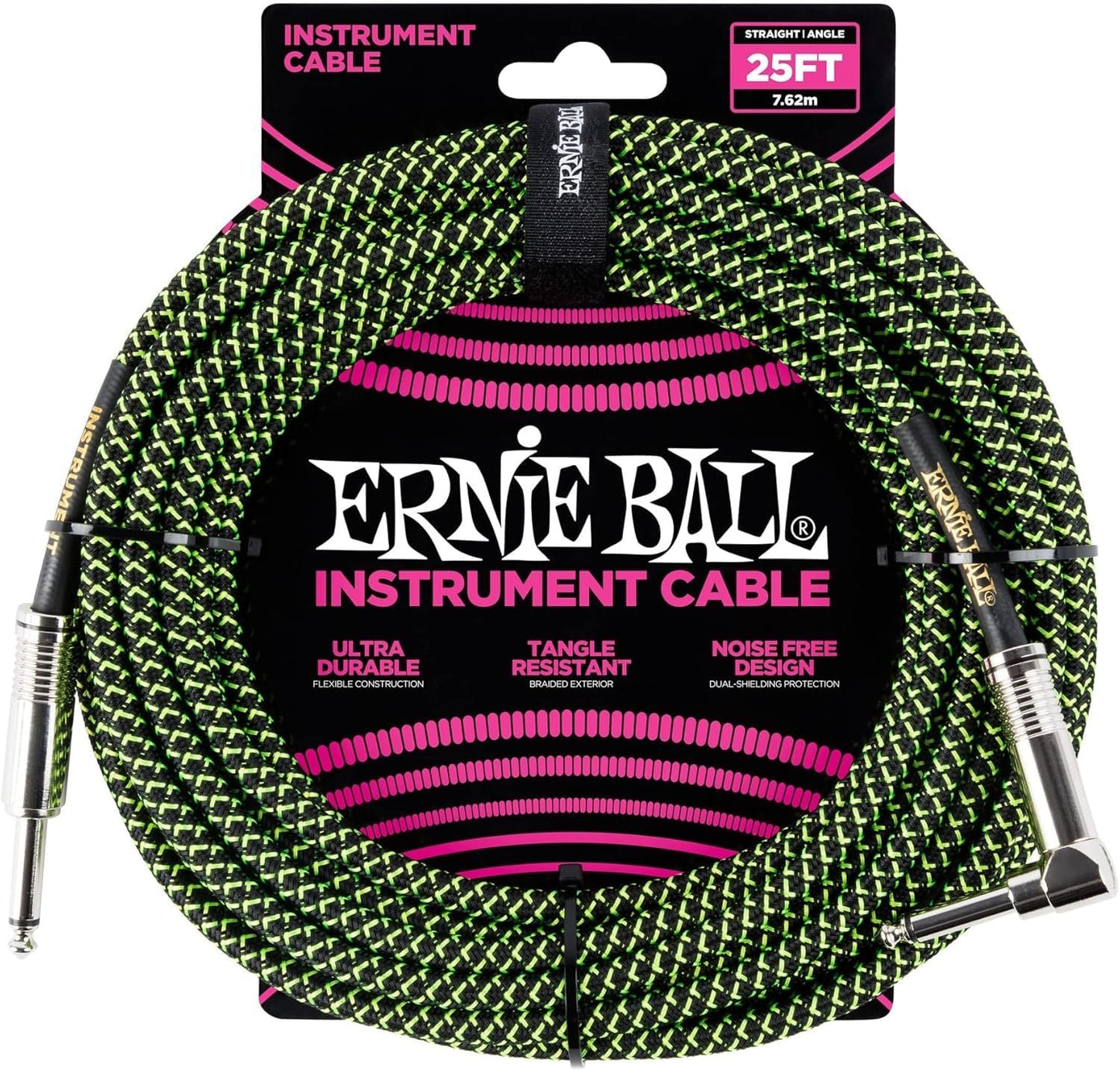 Ernie Ball Braided Instrument Cable Set Straight/Angle Length 25ft in Neon Green/Black (P06066) - Pack of 2