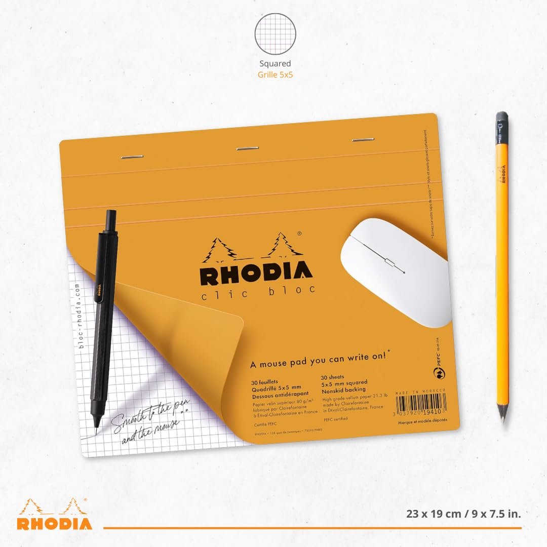 Rhodia 19410C - Mouse Mat Notepad, 19x23cm, Squared, 30 Detachable Sheets, Clairefontaine Paper 80g, Non-Slip Base