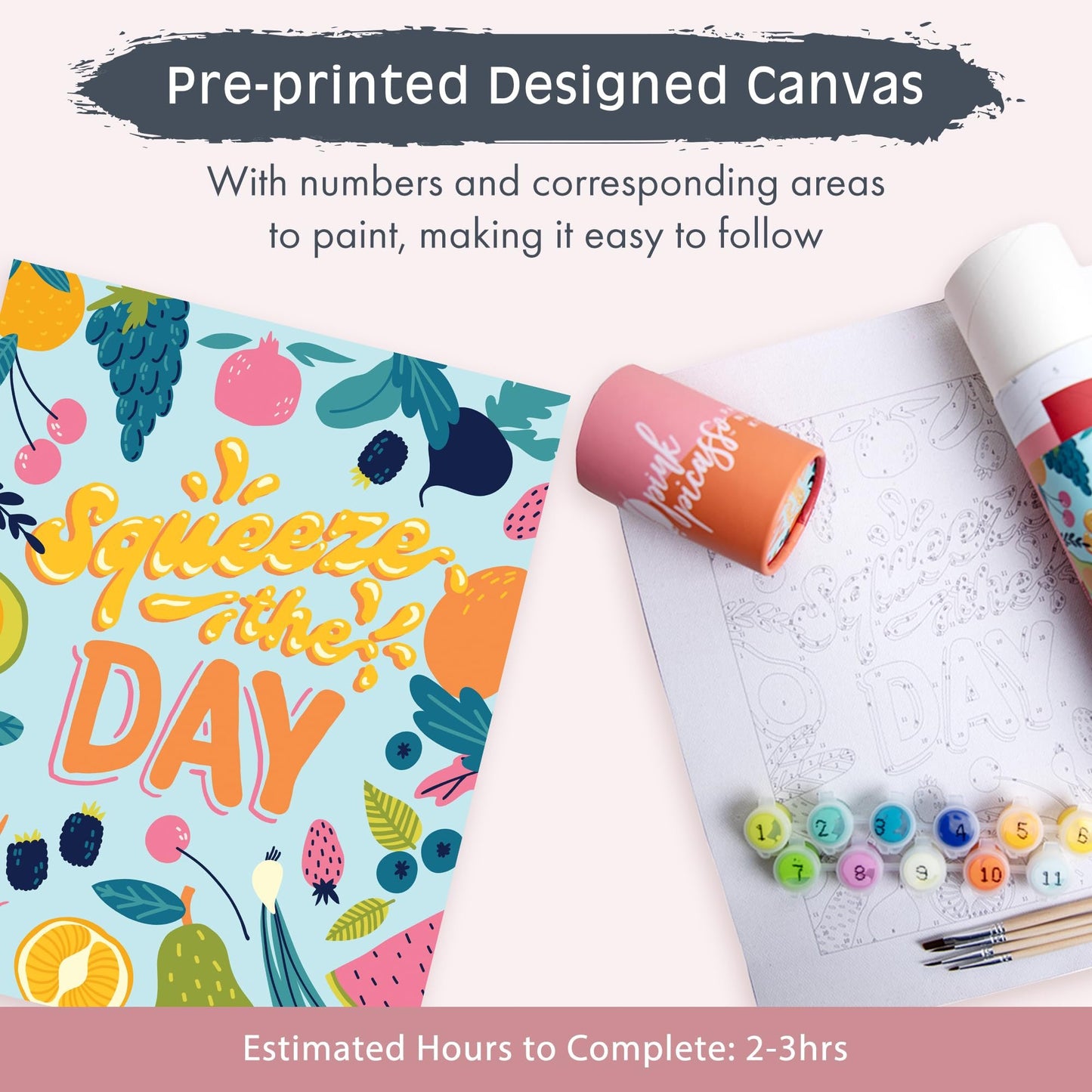 Pink Picasso Kits Self Care Collection Paint by Number for Adults & Beginners | DIY Unique 8x10 Canvas Painting Kits | Color by Numbers Arts Paint Canvas Best for The Young at Heart | Squeeze The Day