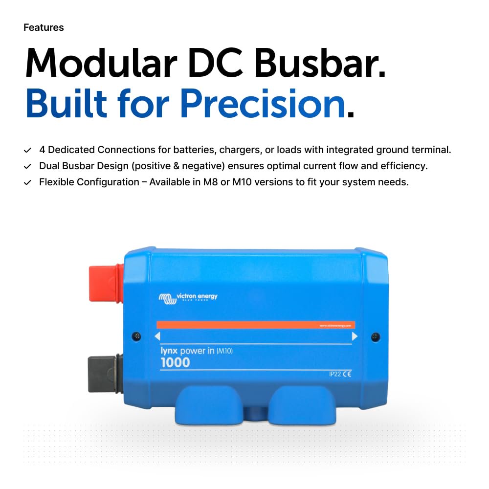 Victron Energy Lynx Power in Battery Connector - Modular M10 DC Bus Bar with 4 Connections for Batteries, Loads, or Chargers