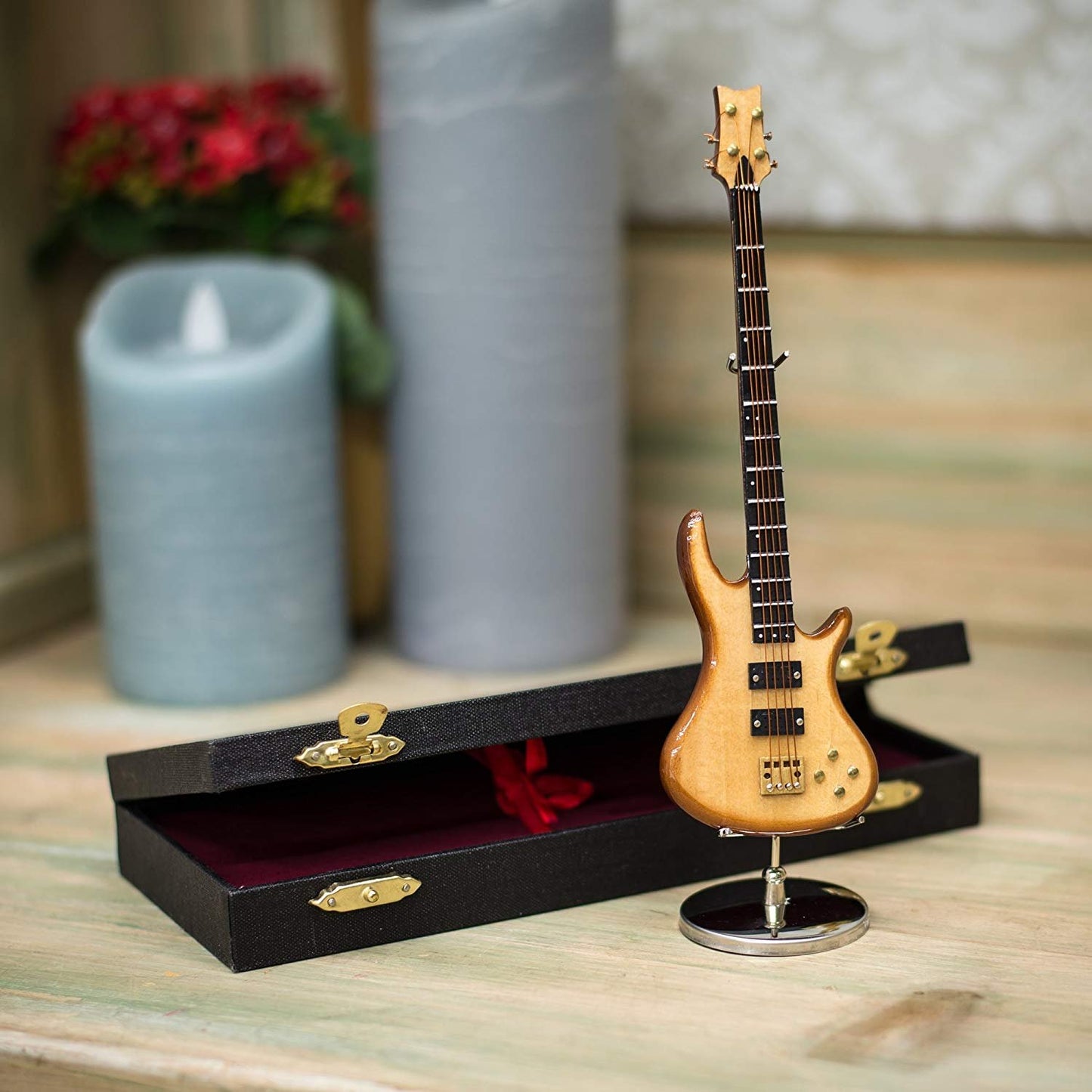 Broadway Gift Natural Wood Bass Electric Guitar with Case and Stand Replica Figurine 7 Inch