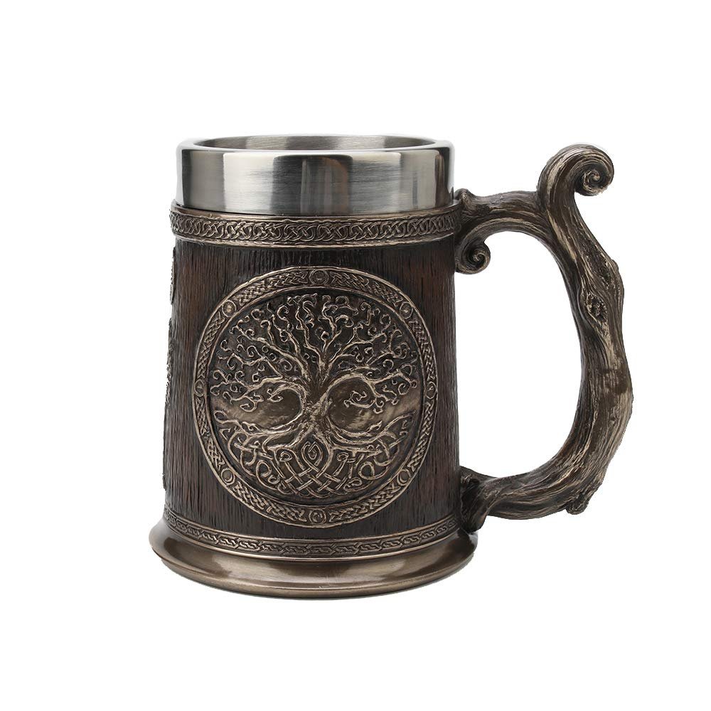 Veronese Design 20 fl oz Norse World Tree Yggdrasil Stein Tanker Cold Cast Resin Antique Bronze Finish