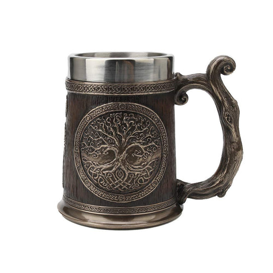 Veronese Design 20 fl oz Norse World Tree Yggdrasil Stein Tanker Cold Cast Resin Antique Bronze Finish