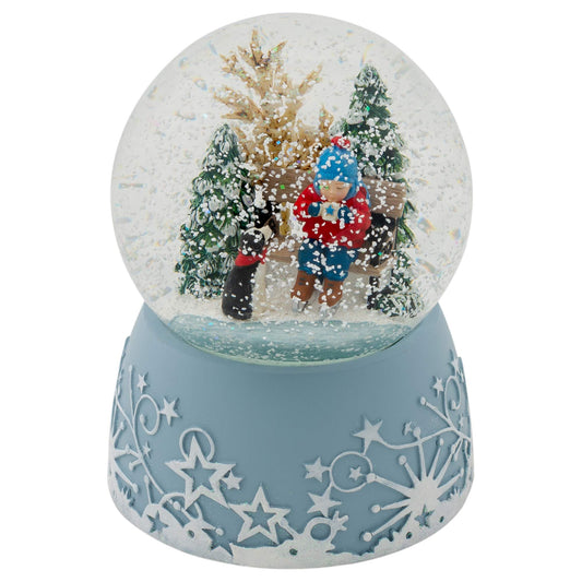 Roman Ice Skating Child with Hot Drink 6 Inch Musical Glitter Globe Playing The Tune Jingle Bells