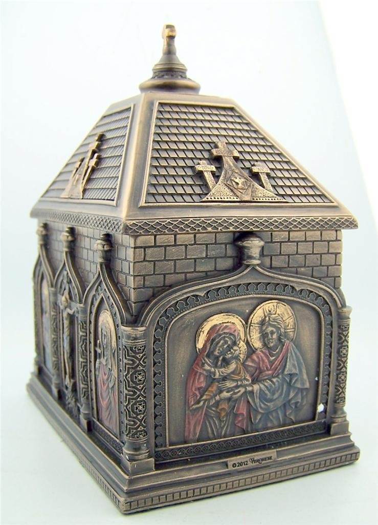 Religious Catholic Gift Cold Cast Bronze 5 7/8 Inch Church Chapel Icon Rosary Keepsake Trinket Box