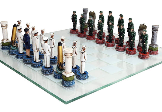 Pacific Giftware US Army vs Navy Military Chess Set, Hand Painted, Glass Board, 2 Players, Ages 12+