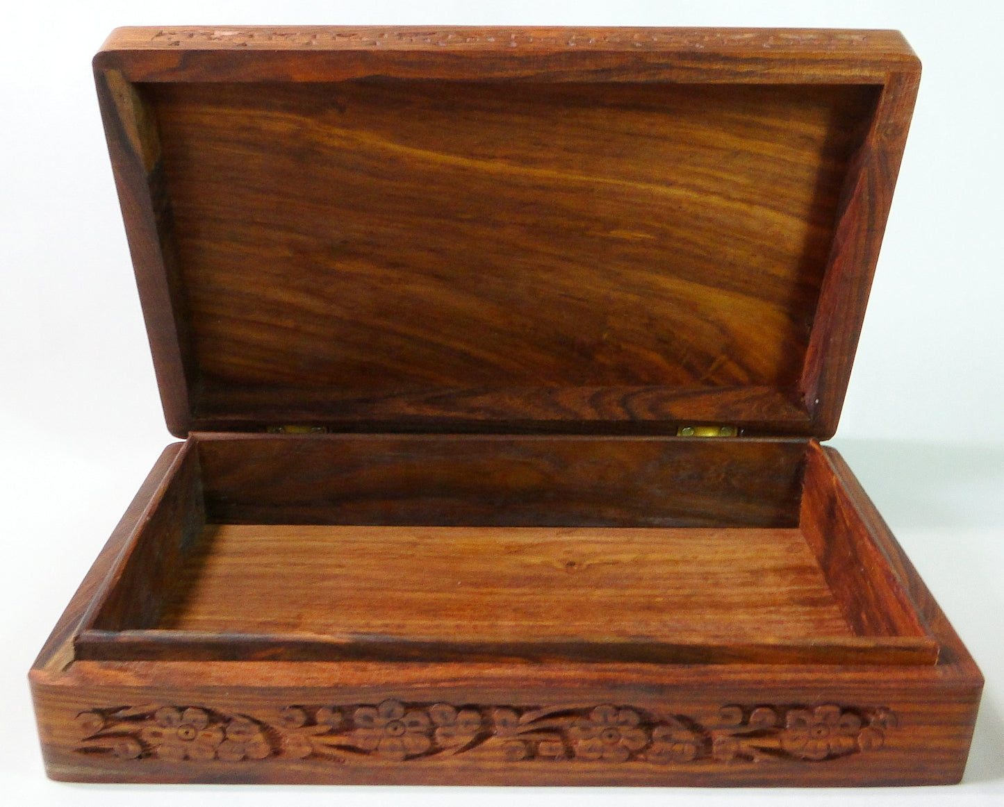 IndiaArts Wooden Box 6x10x2.5 inch, Hand Carved Flowers & Vines Design