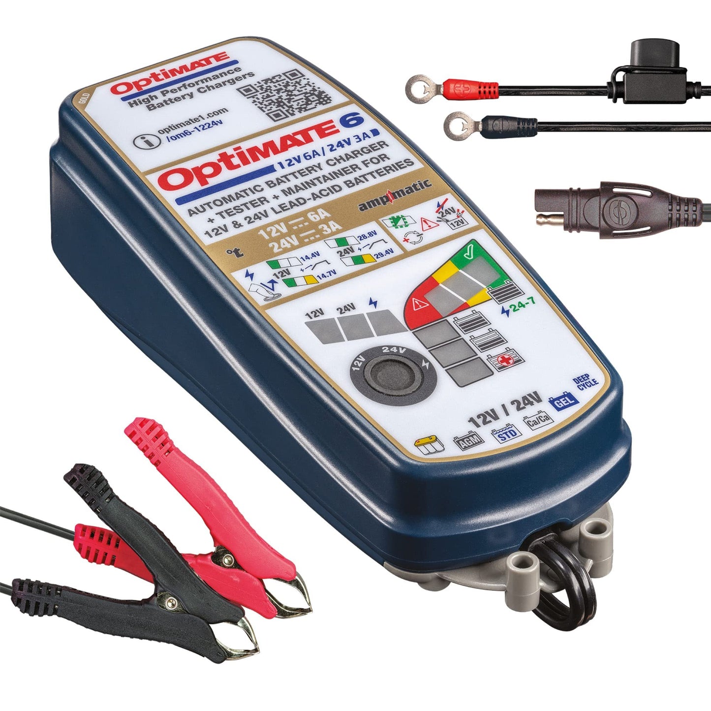 OptiMate 6 12V/24V - 12V 6A / 24V 3A, High Performance battery saving charger & maintainer for Deep Cycle RV, Camping, Industrial & Marine batteries (TM-381)