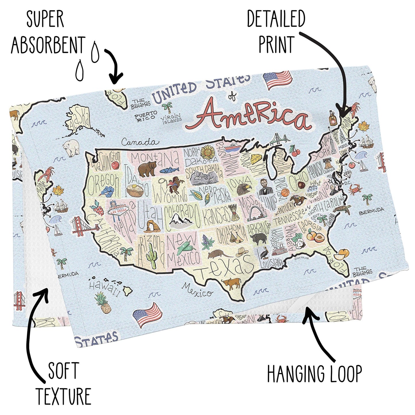 Fish Kiss 16"x24" Map Towel is 100% Microfiber Waffle Weave Help You Explore in Detail – Our Super Absorbent & Soft, Machine Washable State Map Towel is Stain & Wrinkle Resistant