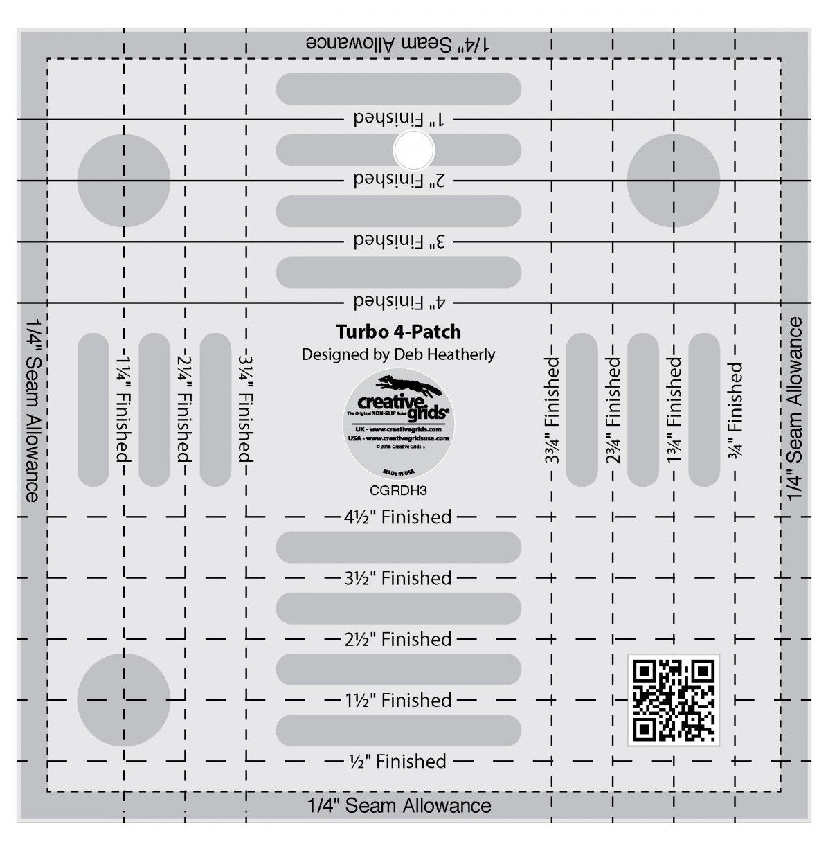 Creative Grids Turbo 4-Patch Template Quilt Ruler – CGRDH3 – Made in USA, 6-1/2in x 6-1/2in, Non-Slip Grip Acrylic Quilting, Sewing, Crafting, Patchwork Ruler & Template