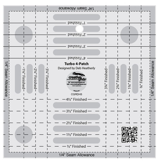 Creative Grids Turbo 4-Patch Template Quilt Ruler – CGRDH3 – Made in USA, 6-1/2in x 6-1/2in, Non-Slip Grip Acrylic Quilting, Sewing, Crafting, Patchwork Ruler & Template