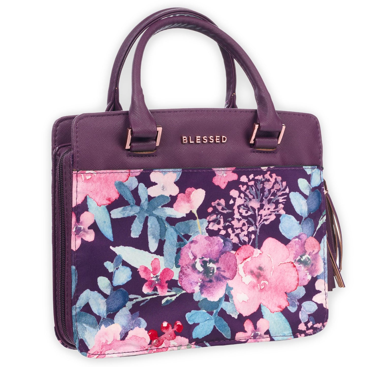 Christian Art Gifts Women's Fashion Bible Cover Purse Style Blessed, Purple/Pink Floral Faux Leather