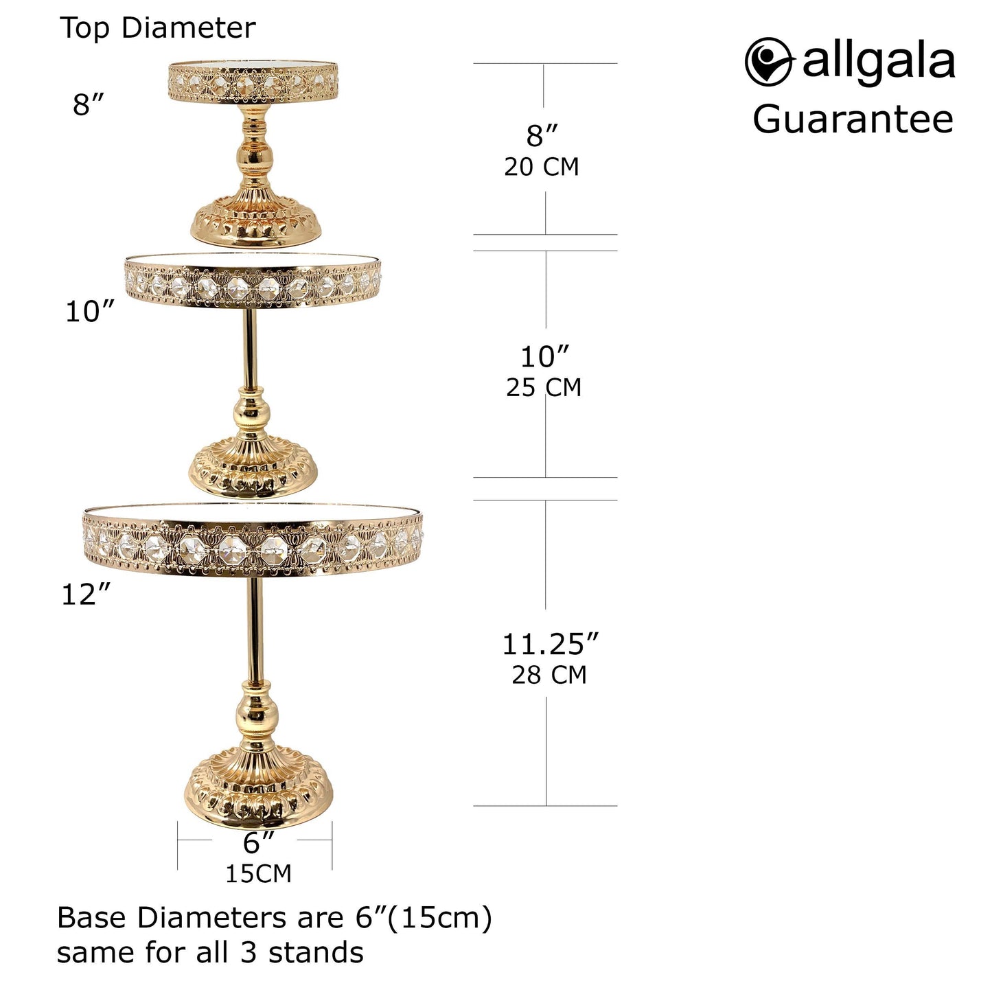 Allgala 3 Piece Set Crystal Gold Plated Dessert Cheese Cupcake Cake Stand with Mirror Plate