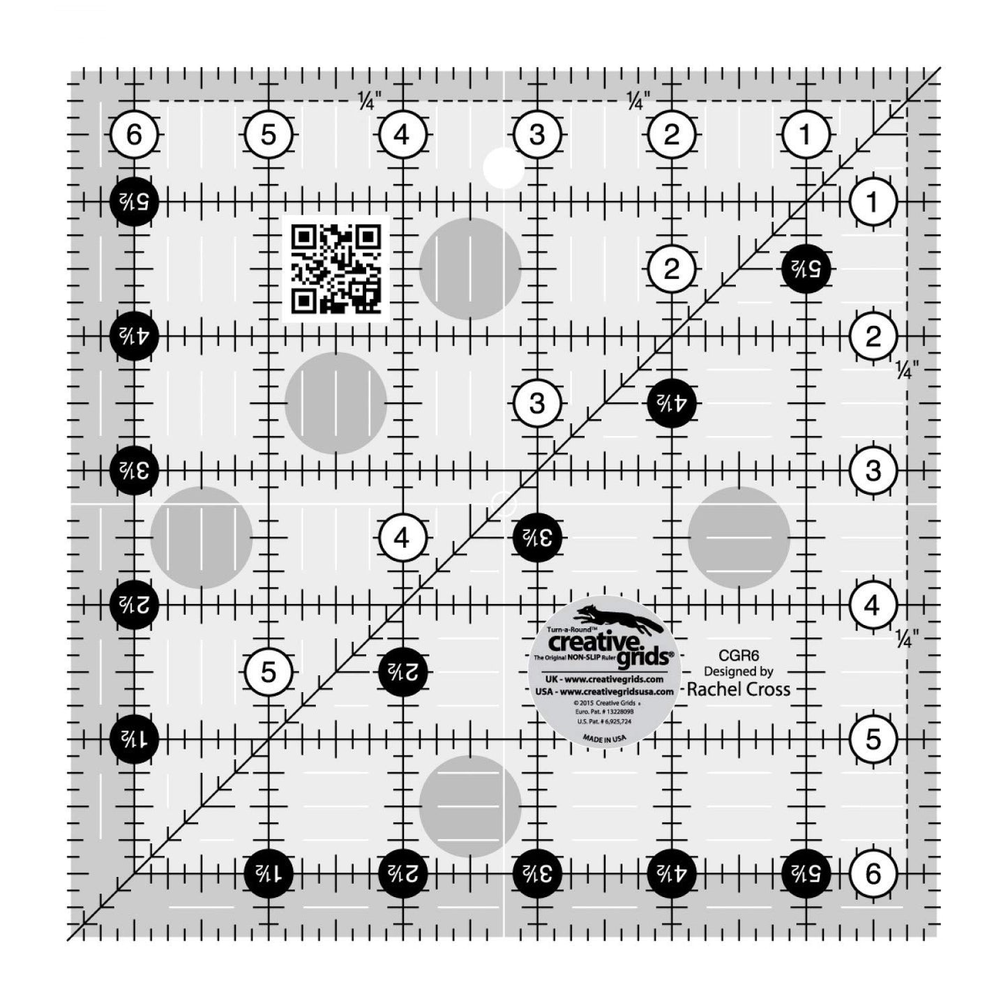 Creative Grids Quilt Ruler 6-1/2in x 6-1/2in Square – CGR6 – Made in USA, Non-Slip Grip Acrylic Quilting, Sewing, Crafting, Patchwork Ruler for Measuring & Cutting Fabric