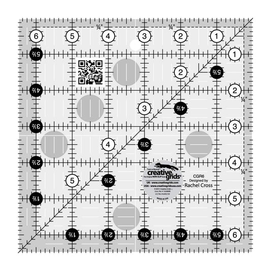Creative Grids Quilt Ruler 6-1/2in x 6-1/2in Square – CGR6 – Made in USA, Non-Slip Grip Acrylic Quilting, Sewing, Crafting, Patchwork Ruler for Measuring & Cutting Fabric
