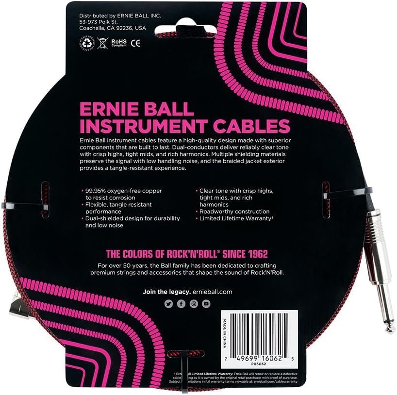 Ernie Ball Braided Instrument Cable Set Straight/Angle Length 25ft in Red/Black (P06062) - Pack of 2
