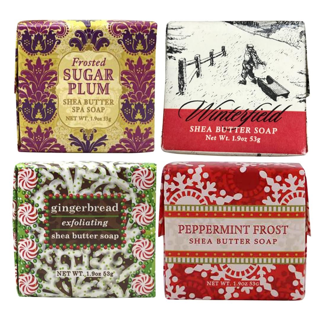 Christmas Holiday Soap Sampler Set - Boxed Set of 4 Holiday Assorted Scents - Enriched with Shea Butter, Essential Oils, Natural Extracts