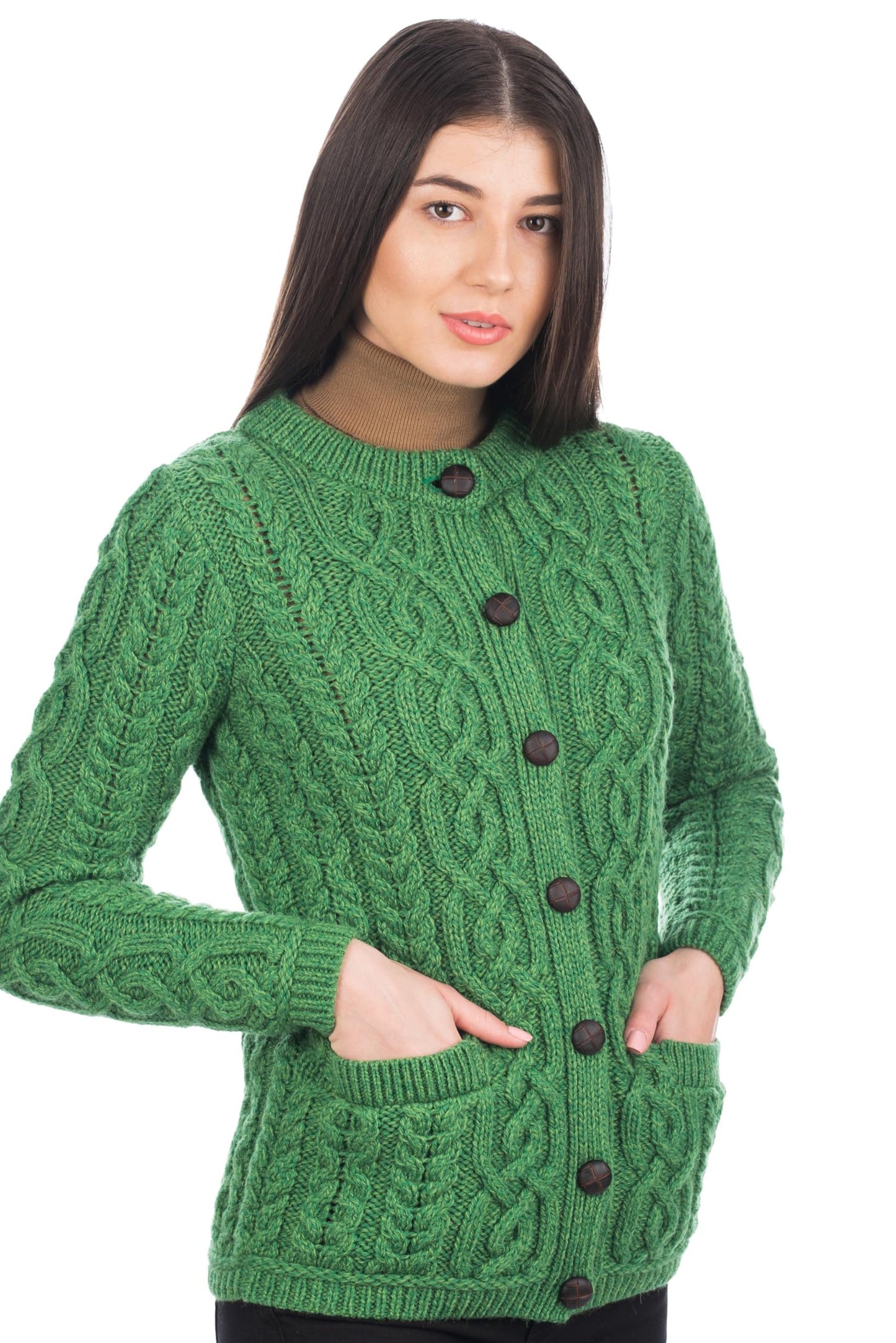 SAOL 100% Merino Wool Ladies Irish Buttons Knit Cardigan Lumber Jacket with Pockets