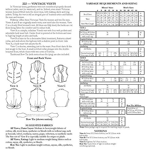 Folkwear Vintage Vests #222 Victorian 1800's Dress Vest Waistcoat Men's Ladies Reproduction Sewing Pattern (Pattern Only) folkwear222