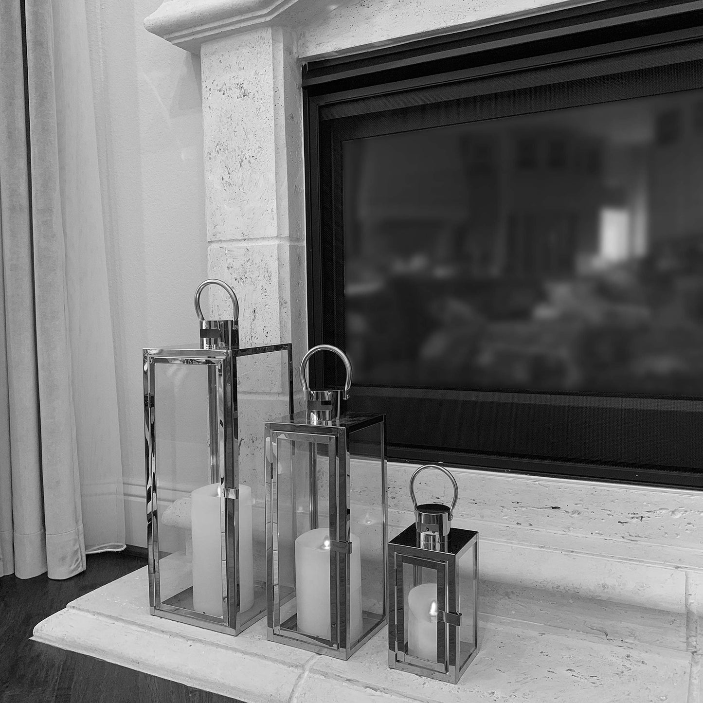 Allgala Lantern Set 3-PC Jumbo Deluxe Modern Indoor/Outdoor Candle Lantern Set with Chrome Plated Structure and Tempered Glass for Garden Poolside Fireplace Wedding