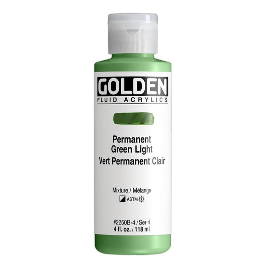 Fluid Acrylics by GOLDEN, Permanent Green Light, 4 fl. oz. Bottle, Professional Acrylic Paint, Semi-Opaque