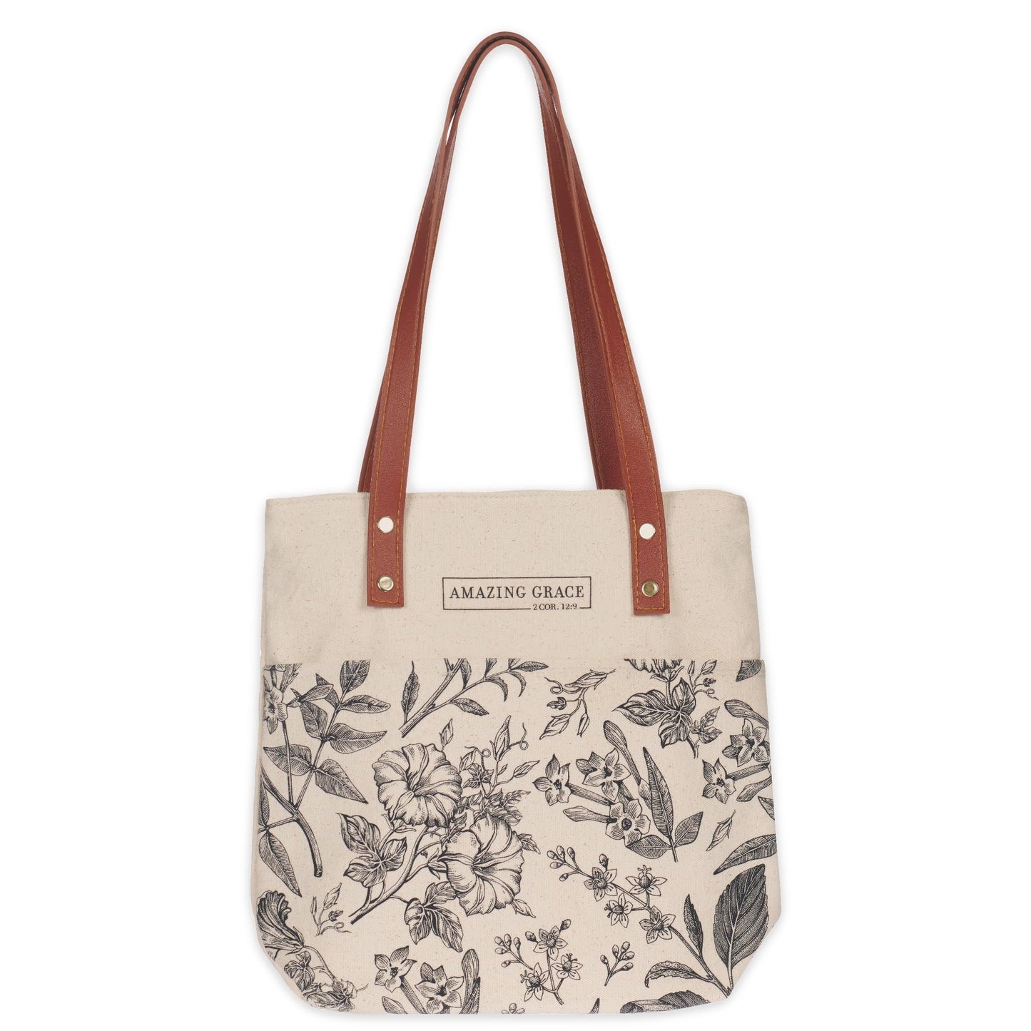 Christian Art Gifts Canvas Floral Tote Bag for Women: Amazing Grace Inspirational Scripture for Shopping, Supplies, Books, Accessories, Vegan Leather, Pocket, Zippered Closure, Creamy Tan & Brown