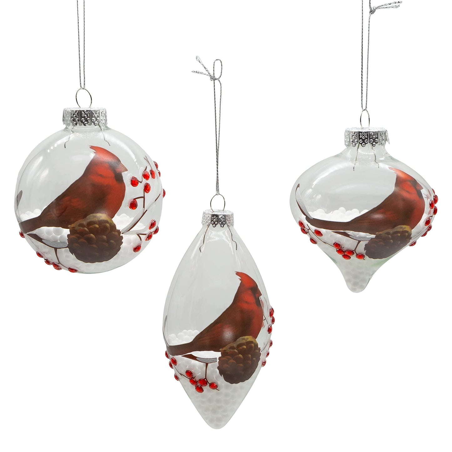 Kurt Adler 80MM Glass Transparent Cardinal Ball, Onion and Teardrop Shaped Ornaments, 3-Piece Set