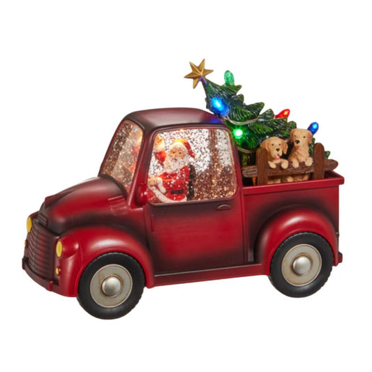 Raz Imports Santa and Dogs in Lighted Truck – 9” Red Vintage Pickup with Swirling Glitter, Christmas Tree, LED Lights, Holiday Décor, Battery Operated Festive Accent