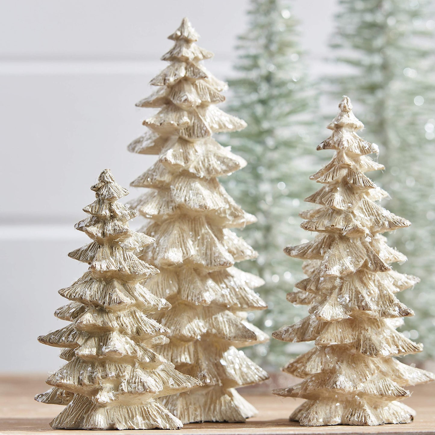 Set of 3 Antique White Glittered Christmas Trees- 6.25 inches to 9.5 inches Tall