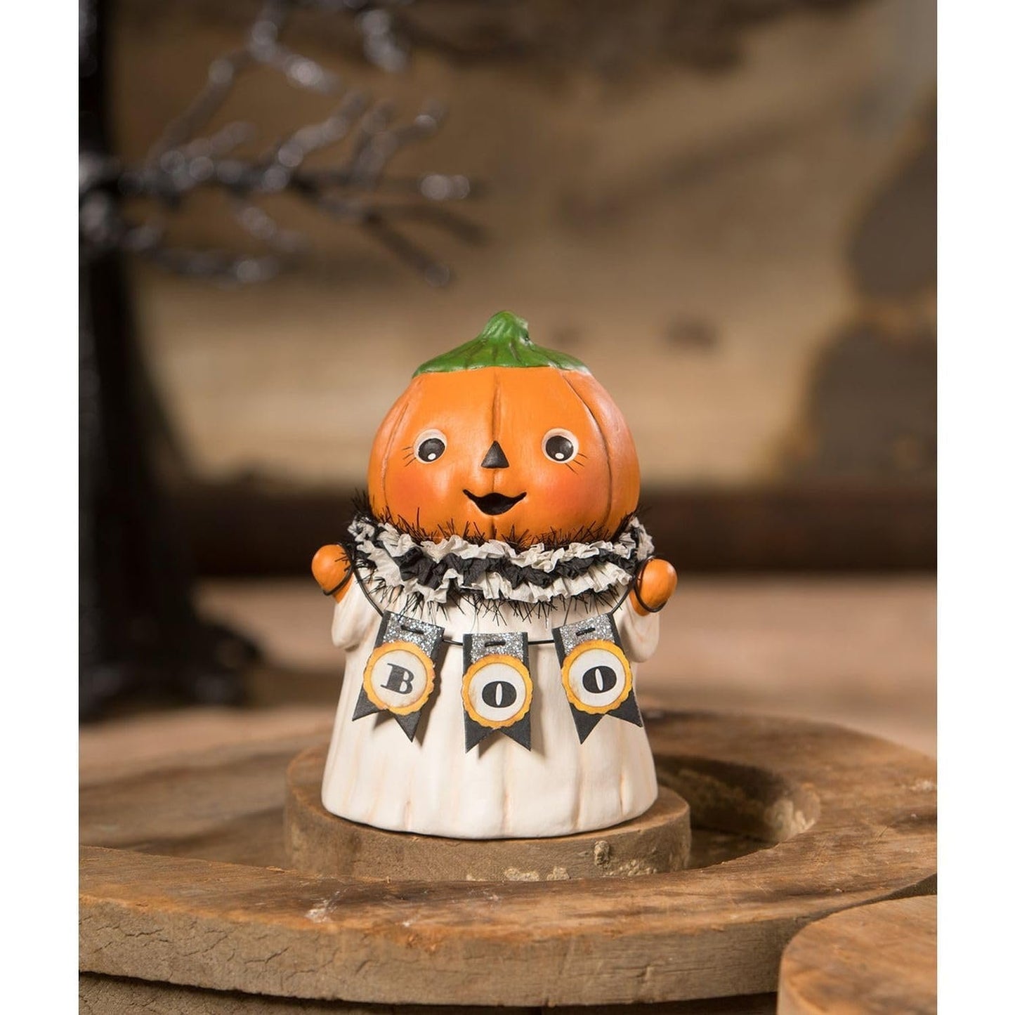 Bethany Lowe Pumpkin Head Ghostie Boo Figurine, Paper Pulp, Multicolor