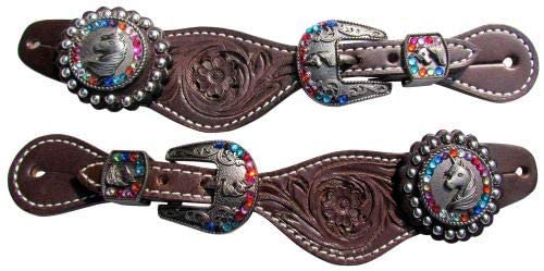 Showman Youth Dark Floral Tooled Leather Spur Straps w/Unicorn Engraved Hardware