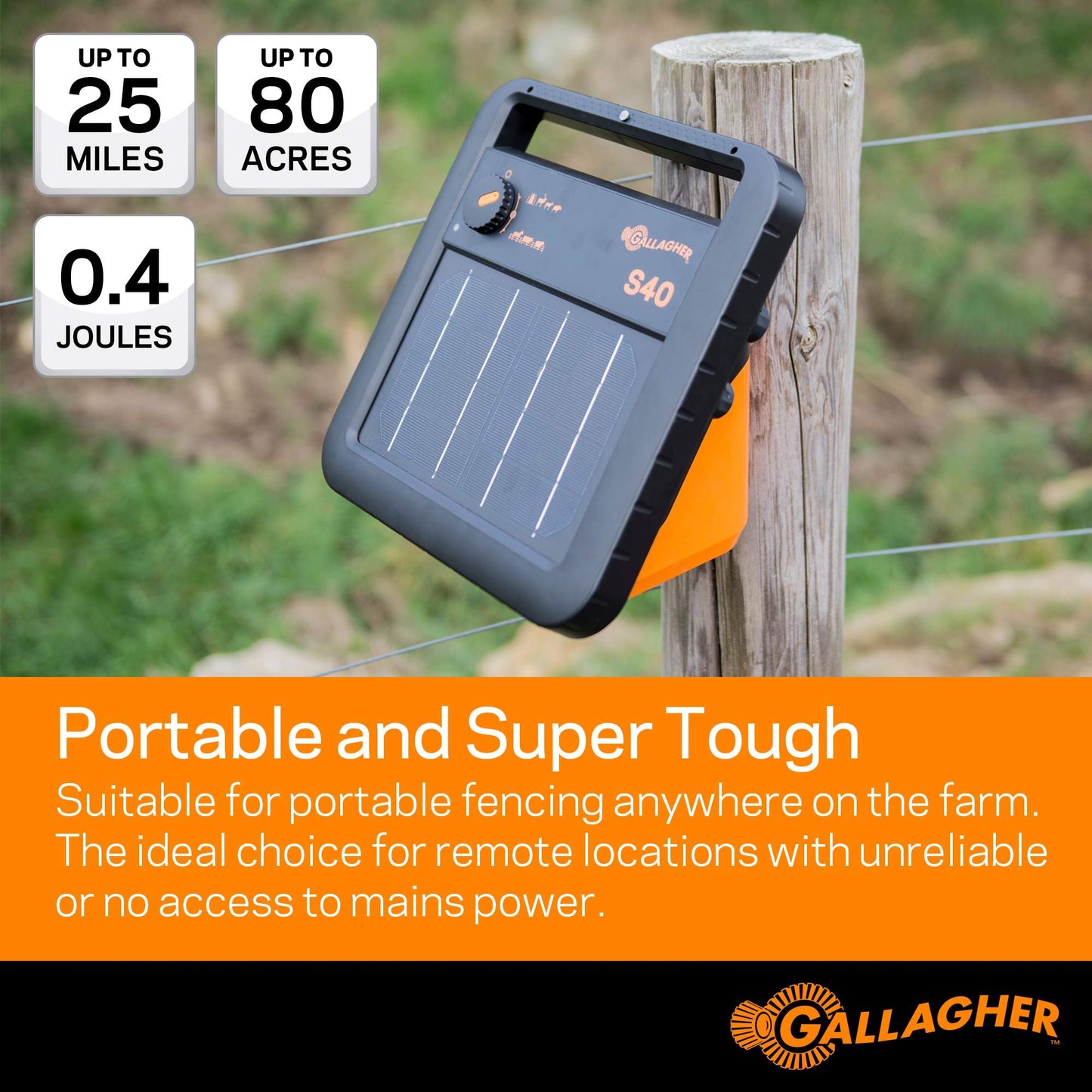 Gallagher S40 Solar Fence Charger | 0.4 Joules for Livestock, Poultry & Gardens | Powers 25 Miles Clean or 5 Miles Typical | Solar Energizer with Rechargeable Battery | Portable Off-Grid Fence Power