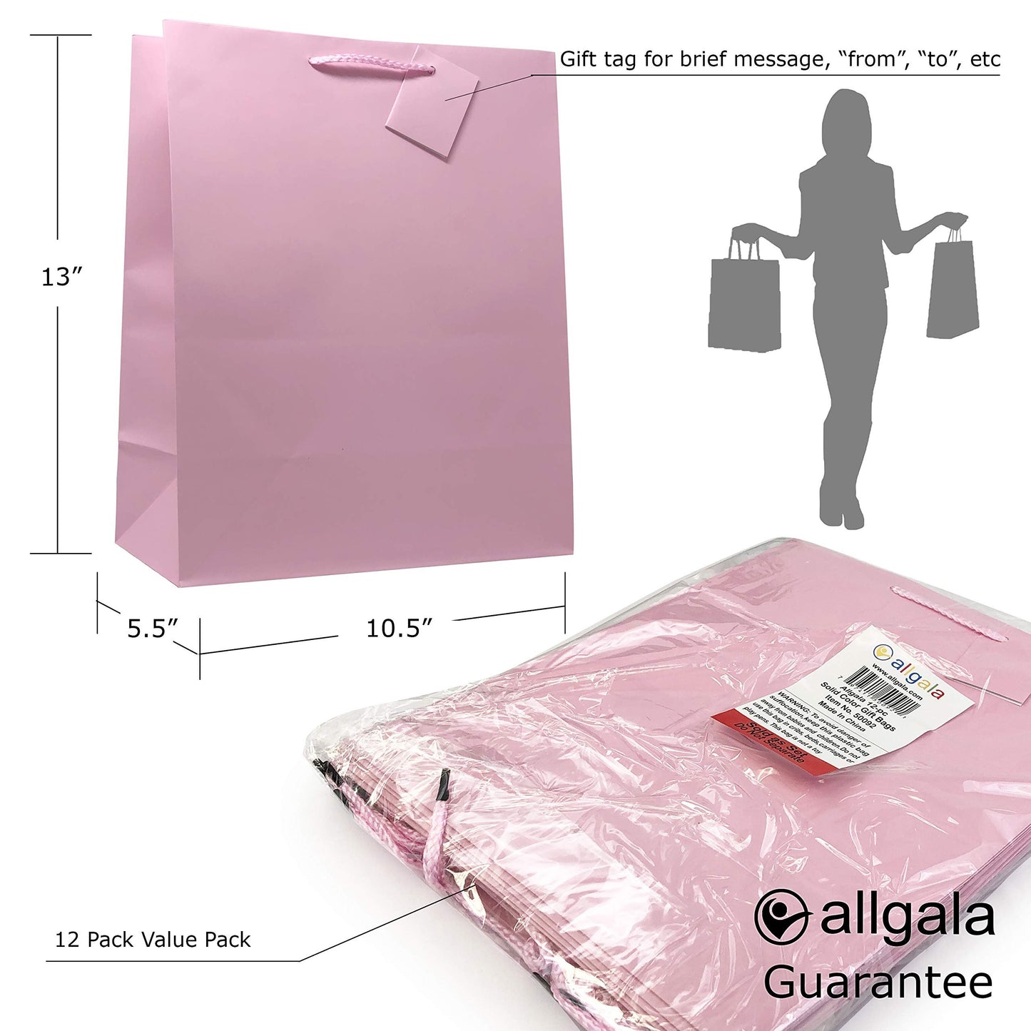 allgala Gift Bags, 12 Pack 13x10x5.5 Inch Large Silver Gift Bags with Handles for Birthday, Wedding, Party Supplies, Baby Shower, Holidays, Chirstmas