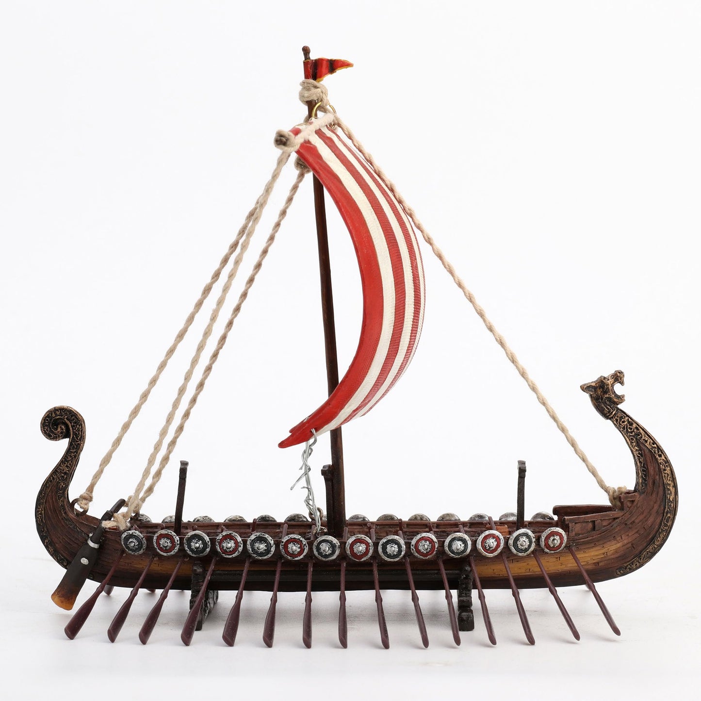 Veronese Design 6 7/8 Inch Viking Drakkar Longship Red and White Stripe Sail Resin Hand Painted Sculpture