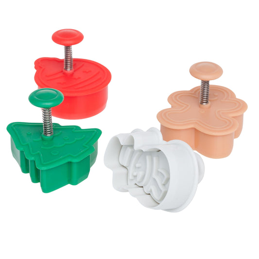 Ateco 1993 Christmas Themed Plunger Cutters, Set of 4 Shapes for Cutting Decorations & Direct Embossing, Spring-loaded Handle, Food Safe Plastic