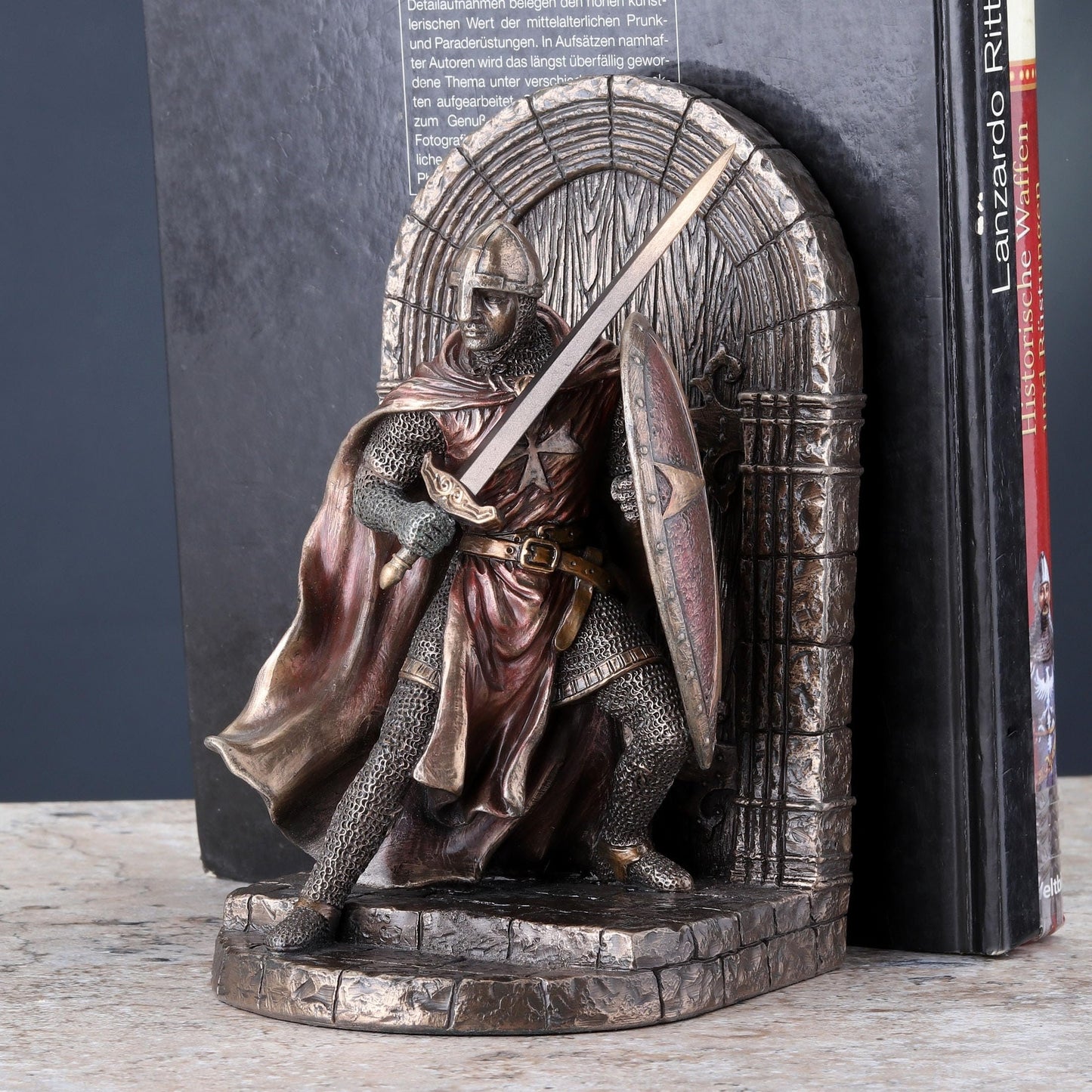 Maltese Crusader Statue in Armor Guarding Door Holding Shield & Sword Bronze Finish Resin Bookend 7.5 Inches High
