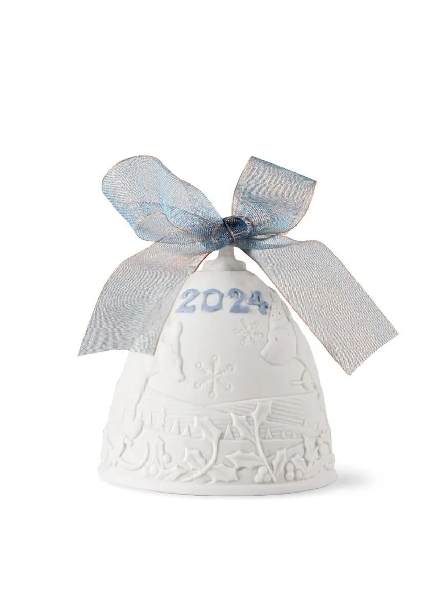 LLADRÓ Christmas Bell Year 2024 Blue. Decorative Ornament in Matte Porcelain with Blue Details. Porcelain Christmas Bell #18478
