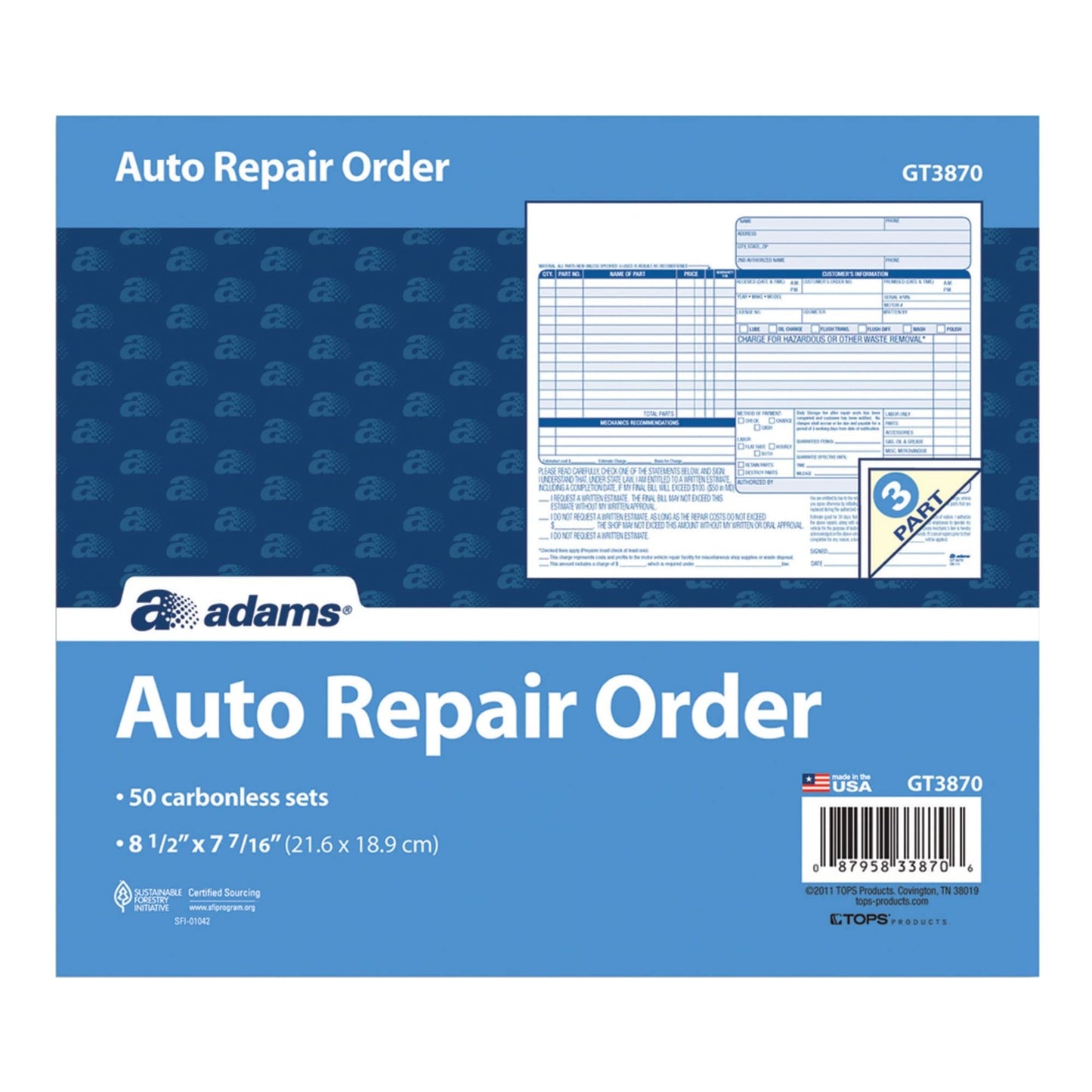 Adams® Auto Repair Order Set, 8 1/2" x 7 7/16", 3-Part, Carbonless, White/Canary/White