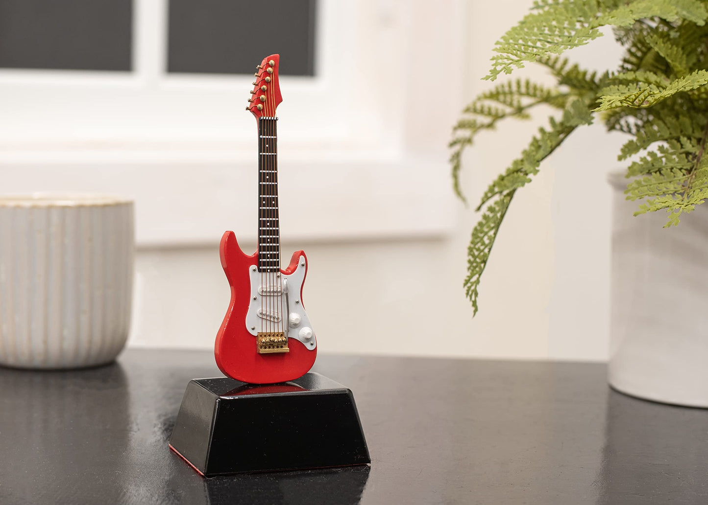 Broadway Gift Co Red and White Electric Guitar 6 inch Wood Table Top Miniature on Stand