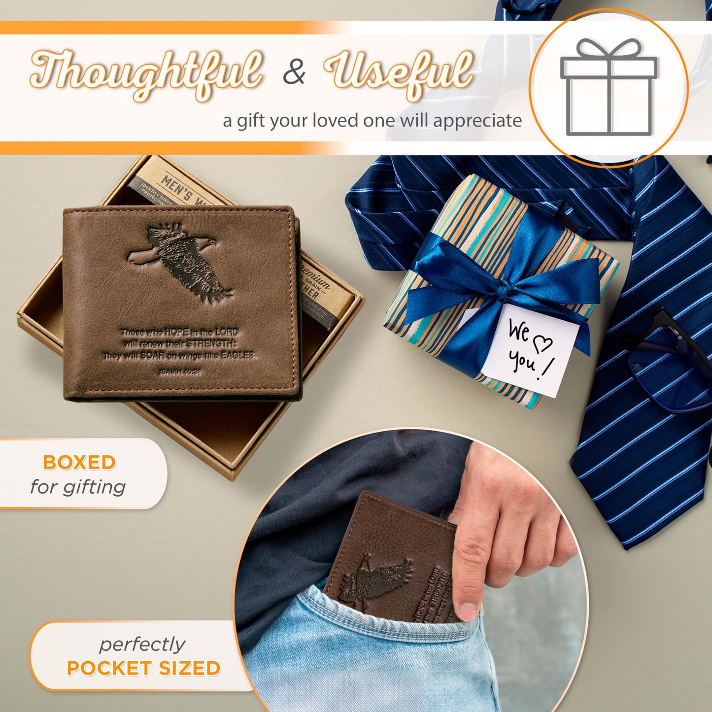 Christian Art Gifts Genuine Premium Full Grain Leather RFID Blocking Silver Engraved Cross Wallet for Men: Multi Pocket Billfold w/Removable ID Window Accessory for Credit Cards, Bills, Photos, Black