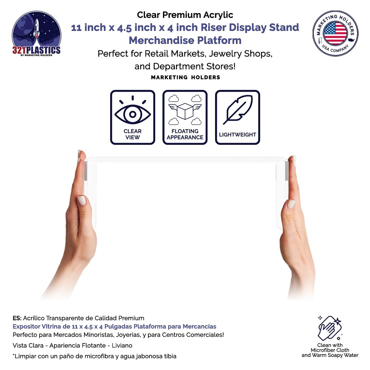 Marketing Holders Clear Acrylic Riser Display Stand 11" Wide x 4.5" Deep Merchandising Showcase Pedestal Retail Stores and Boutiques Throne Counter Small Figurines and Products Platform