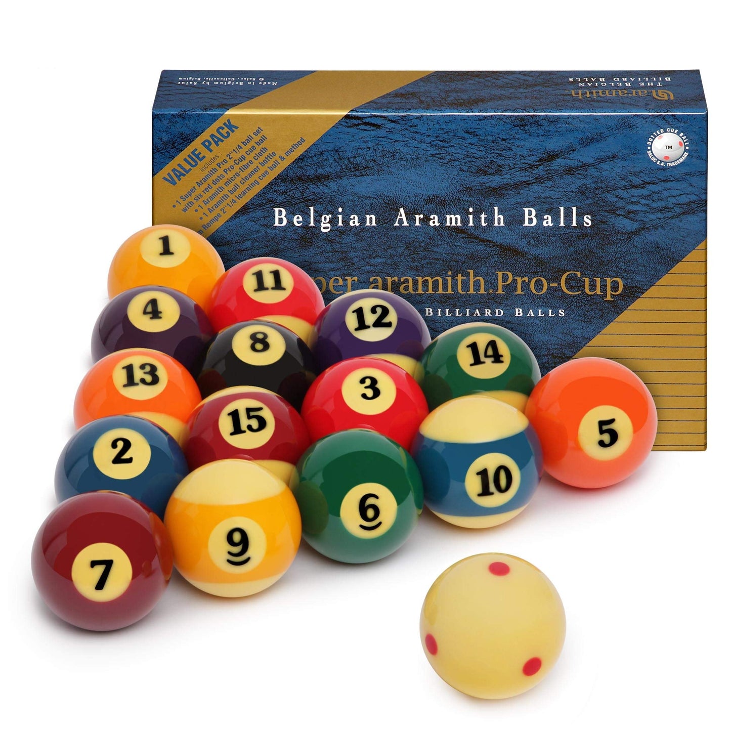 Aramith Super Pro-Cup Value Pack (Super Pro Billiard Pool Ball Set 2 1/4" with Six Red Dots Pro-Cup Cue Ball, Micro-Fibre Cloth, Ball Cleaner, Jim Rempe 2 1/4" Training Ball)