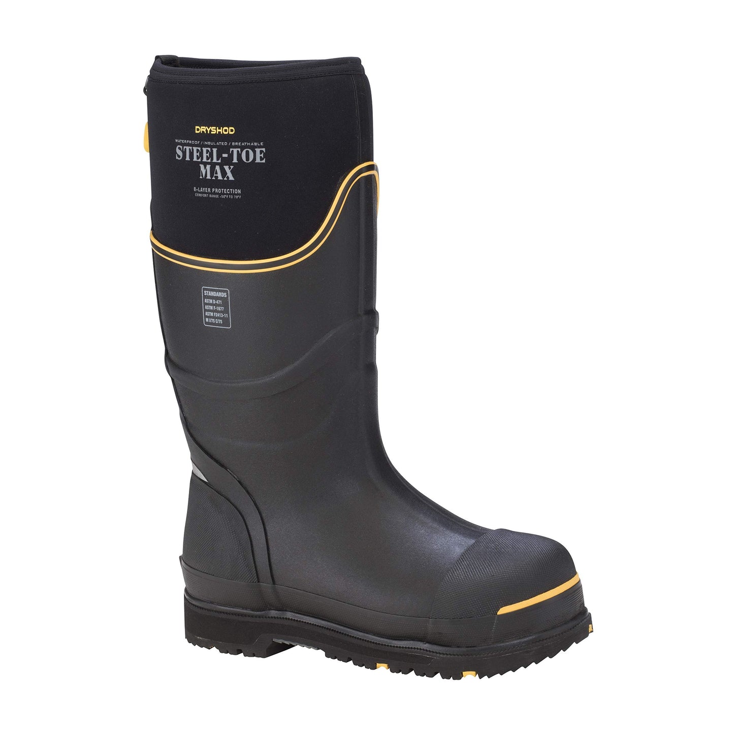 Dryshod Unisex Steel-Toe Max Hi Work Boots | Slip Resistant | Waterproof | Rubber | Black/Yellow