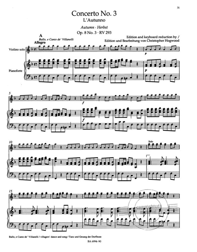 Vivaldi, Antonio - Four Seasons ( Complete ) For Violin and Piano. URTEXT. Barenreiter